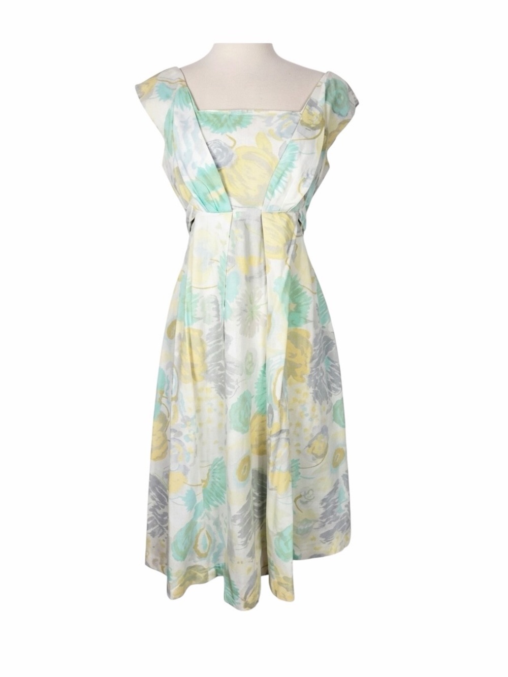 1950s Lord & Taylor Pale Watercolor “Garden Party” Cotton Blend Day Dress